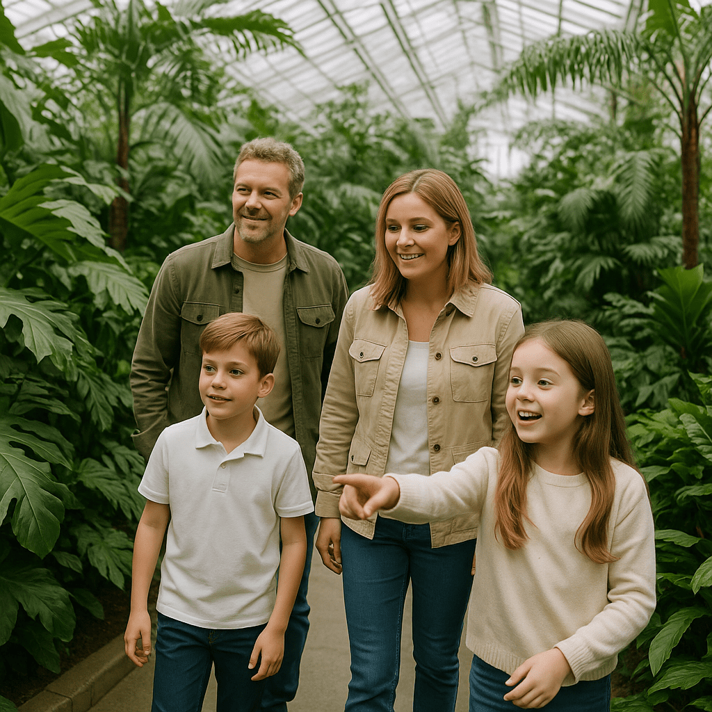 Deutsche Familie erkundet einen botanischen Garten im Gewächshaus