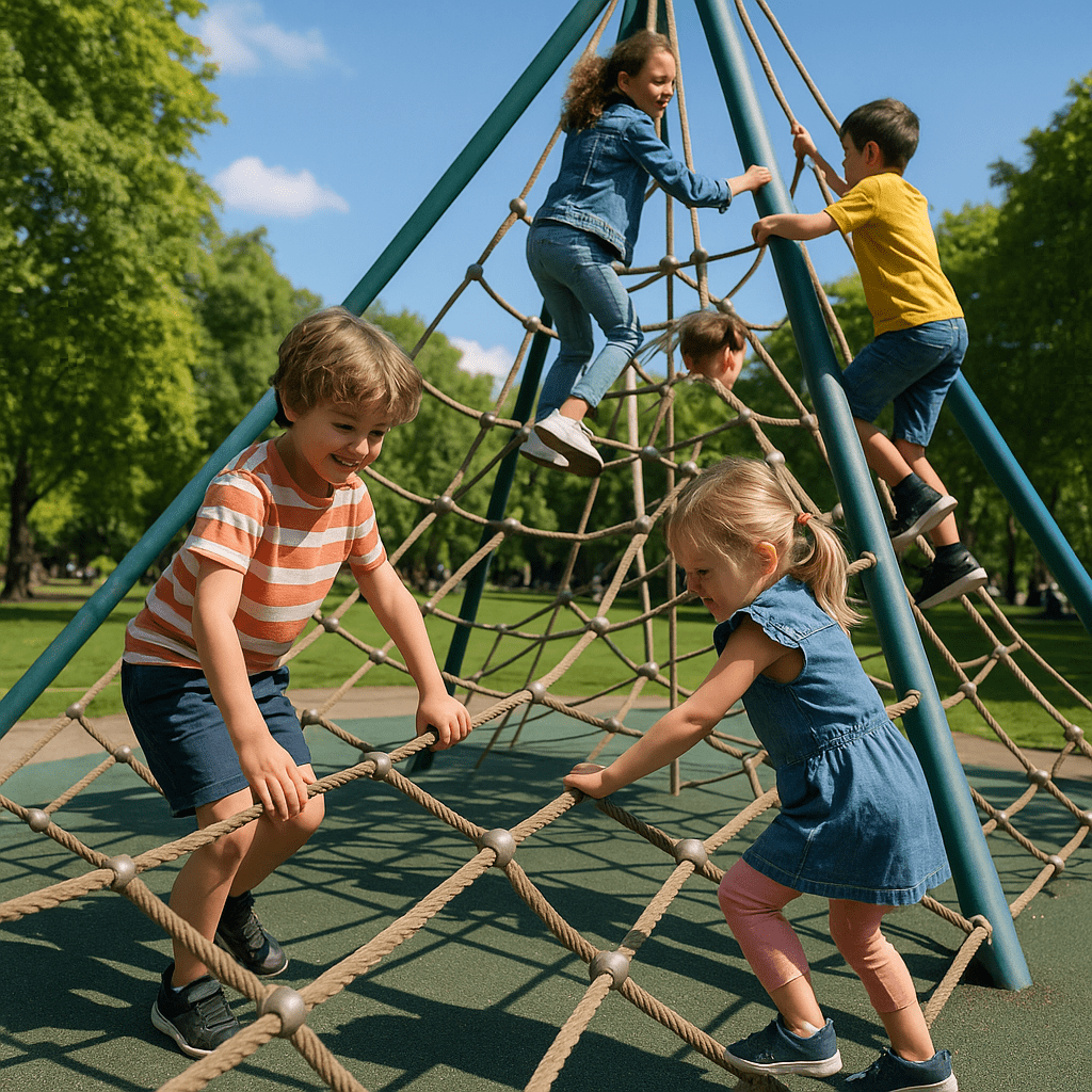 Zwei Kinder klettern lachend auf einem Spielplatz im Hyde Park bei Sonnenschein