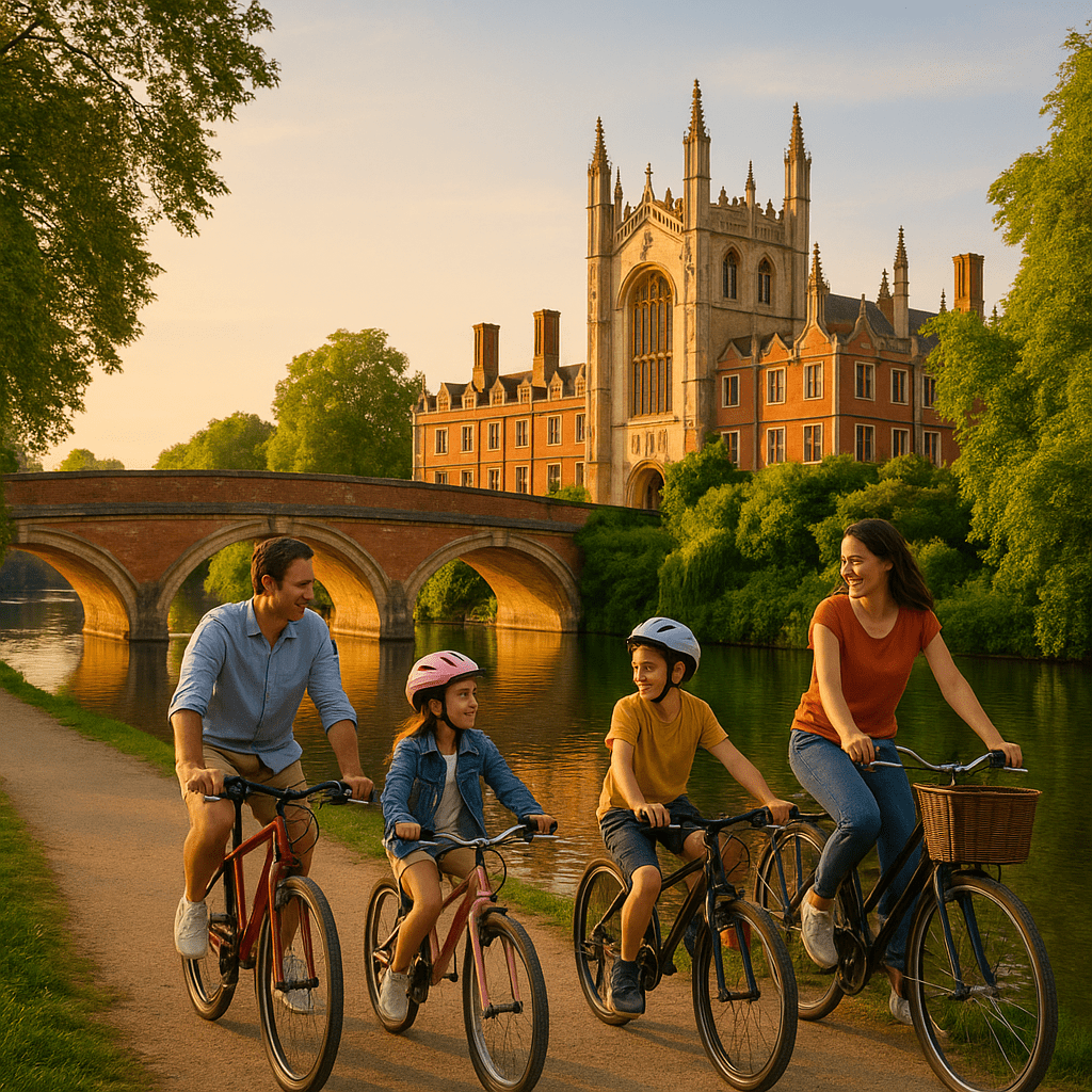 Familie fährt bei Abendlicht mit Fahrrädern entlang des Flusses in Cambridge