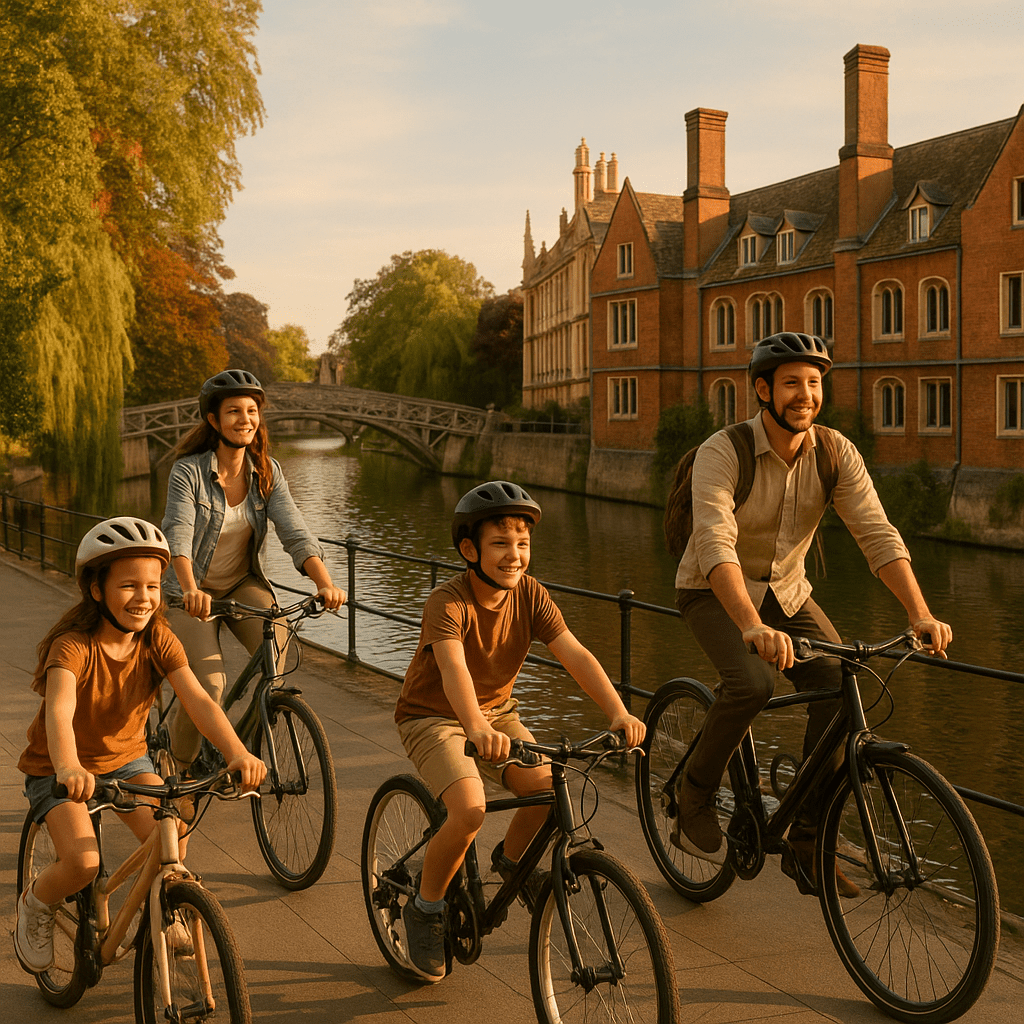 Familie fährt bei Sonnenuntergang mit Fahrrädern entlang des Flusses in Cambridge, historische Gebäude im Hintergrund