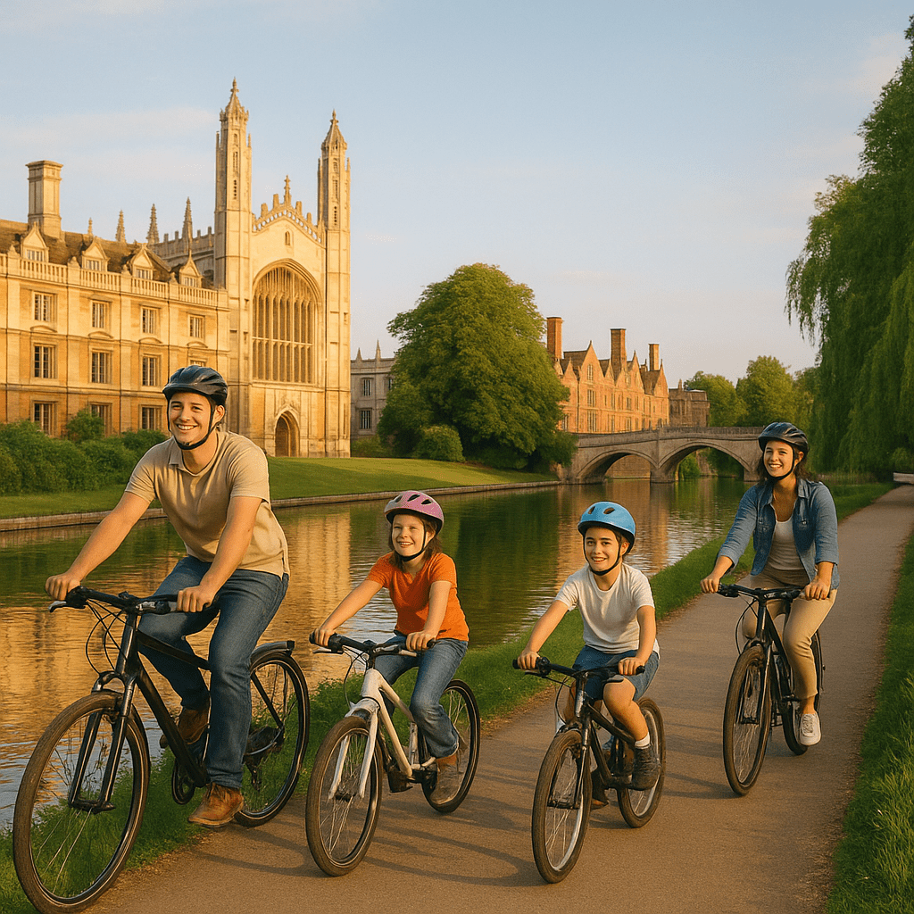 Familie radelt am Fluss durch Cambridge bei Abendlicht mit historischen Gebäuden