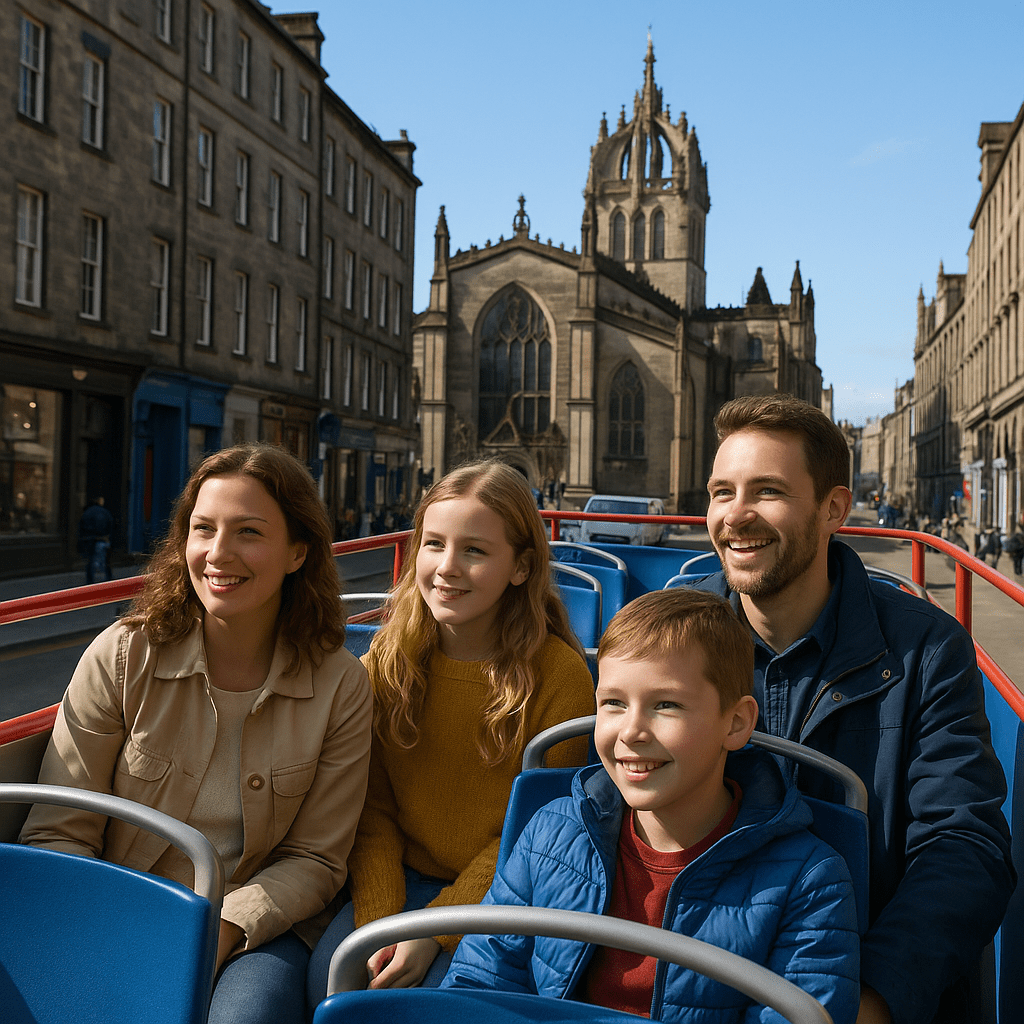 Familie auf einem roten Sightseeing-Bus in Edinburgh bei sonnigem Mittag