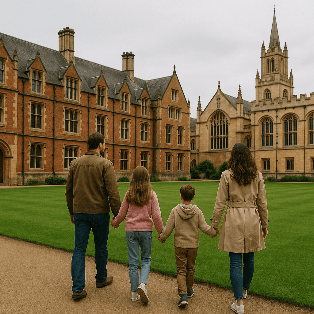 Familie spaziert Hand in Hand durch Oxford Universität auf rotem Ziegelweg