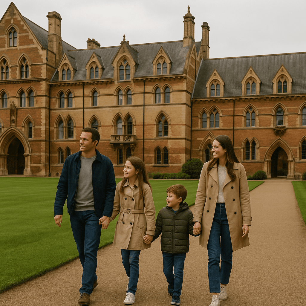 Familie spaziert Hand in Hand durch Oxfords historischen Campus bei weichem Licht