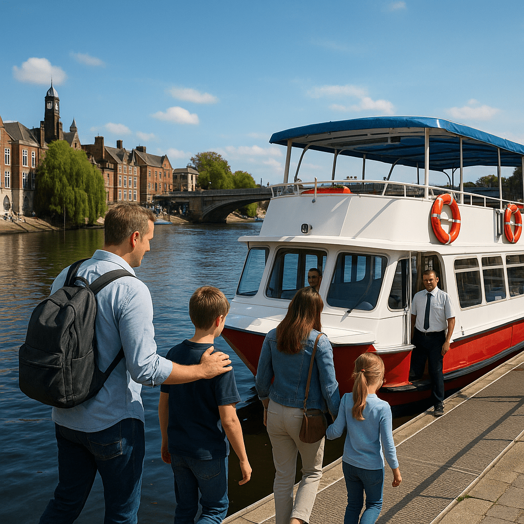 Familie besteigt ein Sightseeing-Boot am Fluss in York bei Mittagssonne