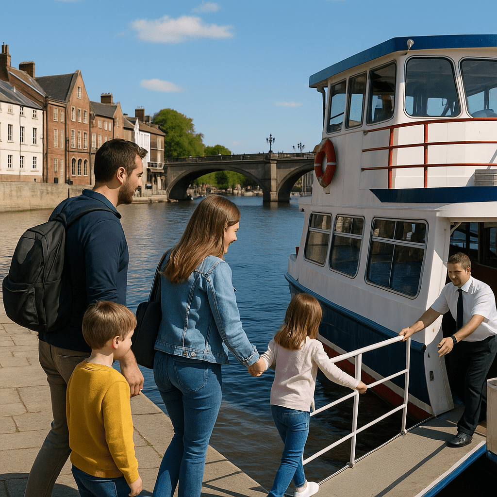 Familie steigt mittags in York bei Sonnenschein in ein Ausflugsboot am Stadtfluss ein