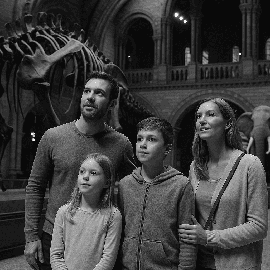 Familie erkundet das Natural History Museum London mit Innenbeleuchtung