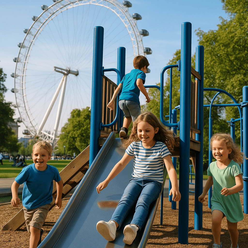 Kinder spielen nachmittags auf einem Spielplatz in einem Park nahe dem London Eye in London