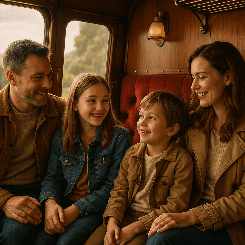 Familie genießt Fahrt in einem britischen, historischen Dampfzug mit Holz- und Messinginterieur