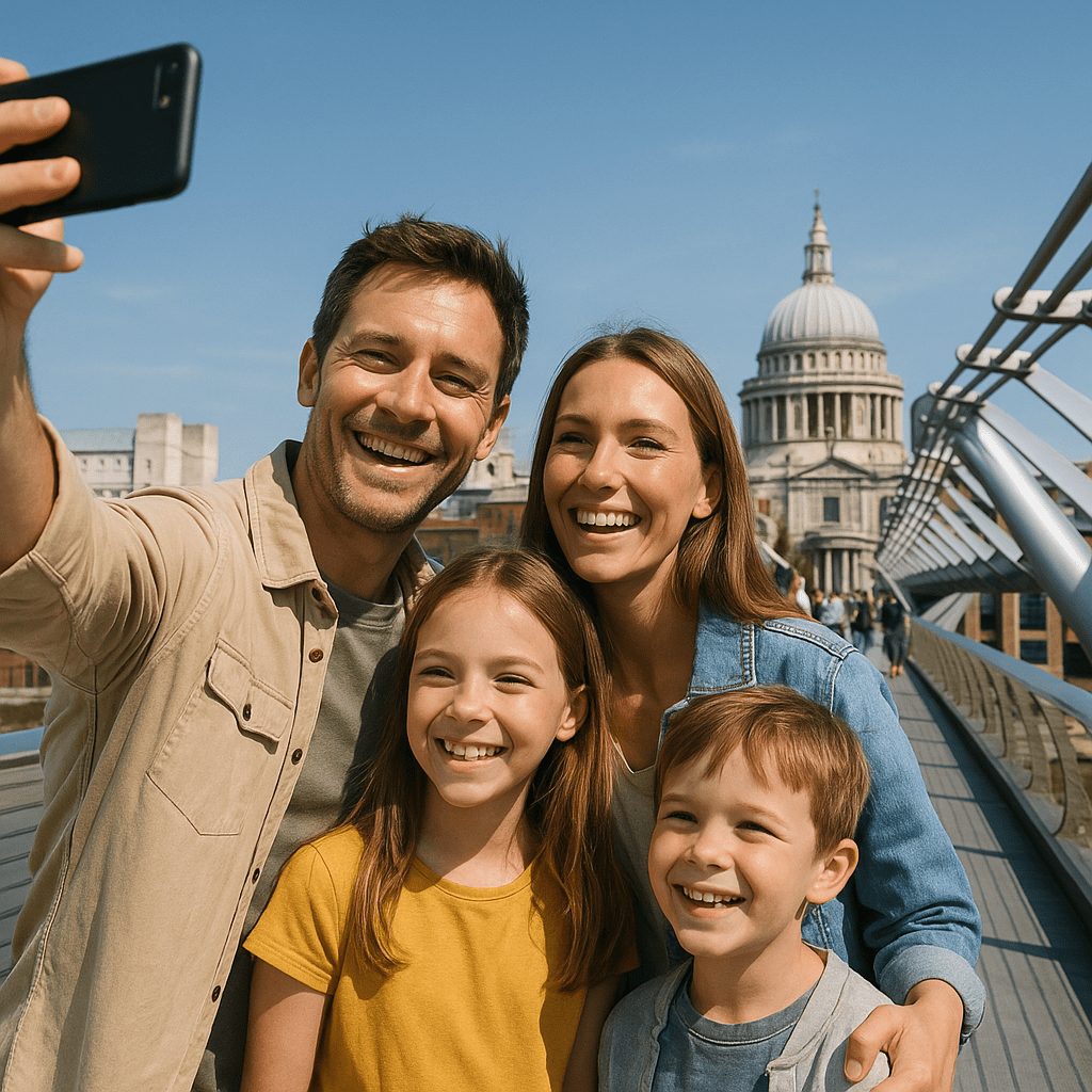 Familie macht mittags Selfie auf der Millennium Bridge bei blauem Himmel