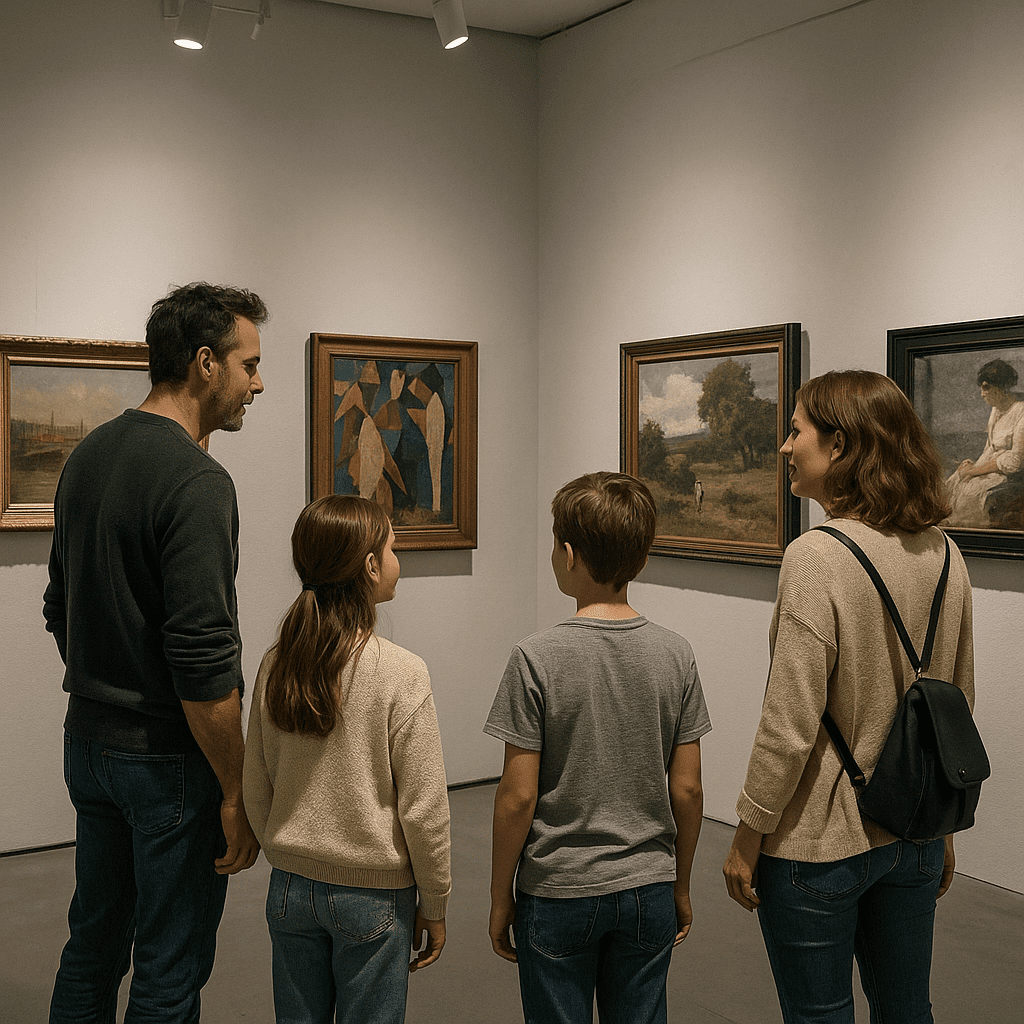 Familie betrachtet moderne britische Kunst in der Tate Modern Galerie mit Spotbeleuchtung