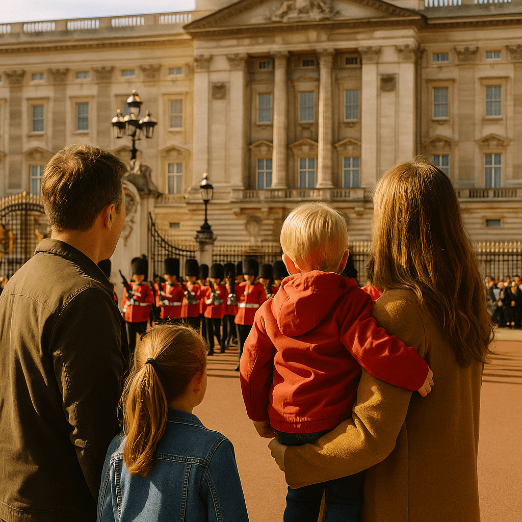 Familie beobachtet die Wachablösung vor dem Buckingham Palace am Tag