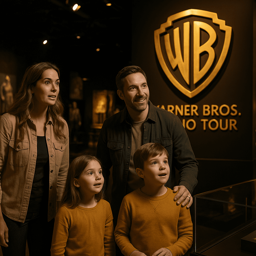 Familie erkundet Filmkulissen im Warner Bros. Studio mit Spotlicht