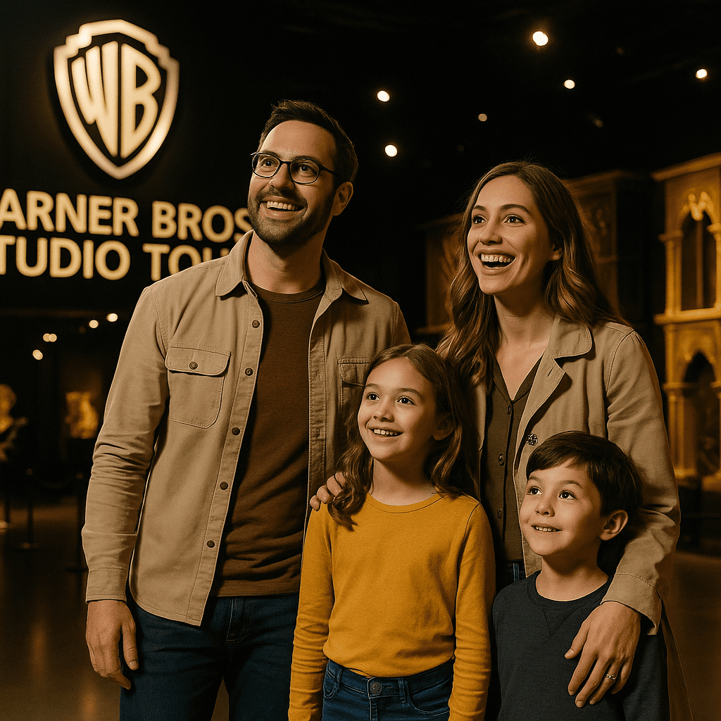 Familie besucht Warner Bros. Studio Tour London mit Spotlights im Filmset