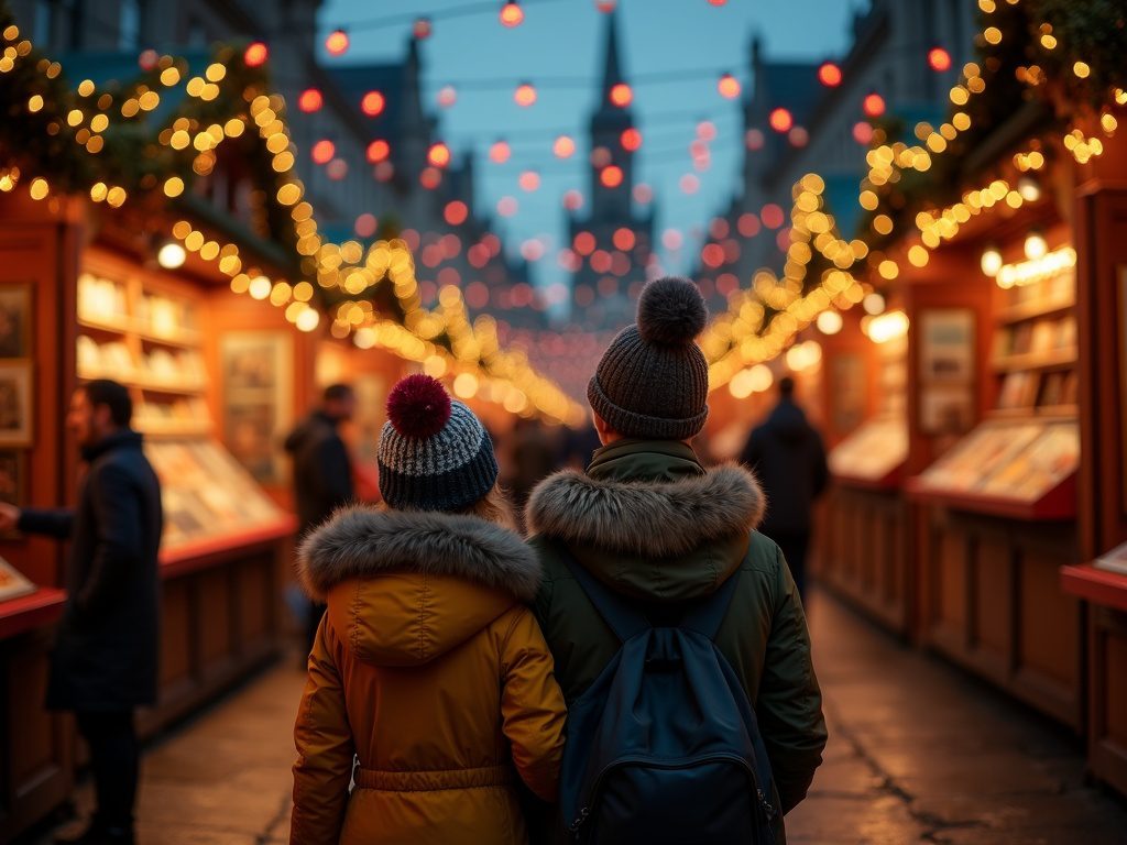 Familie besucht britischen Weihnachtsmarkt mit festlicher Beleuchtung am Abend