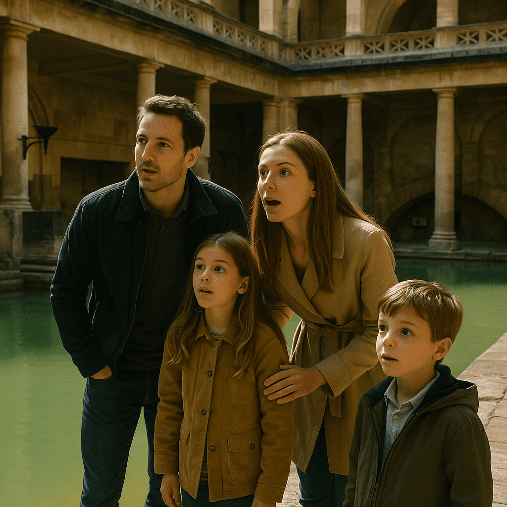 Familie bestaunt mit Neugier die antike Architektur der Römischen Bäder in Bath bei Tageslicht