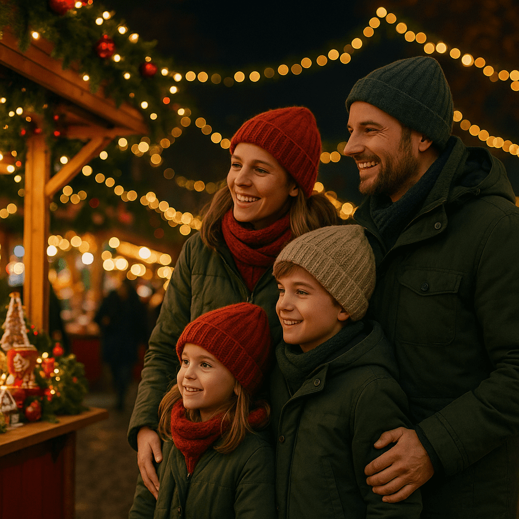Familie besucht abends einen britischen Weihnachtsmarkt mit Lichtern