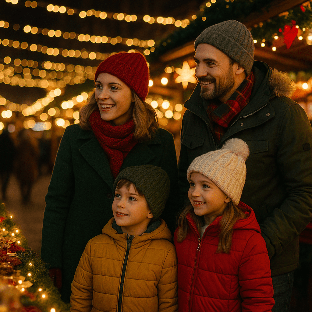 Familie besucht festlich beleuchteten Weihnachtsmarkt im Vereinigten Königreich am Abend