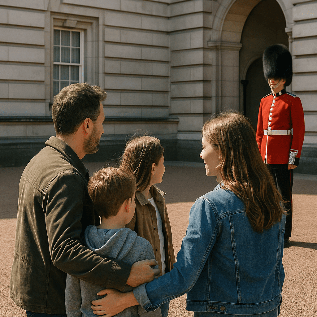 Familie beobachtet einen königlichen Gardisten am Buckingham Palace bei Tageslicht