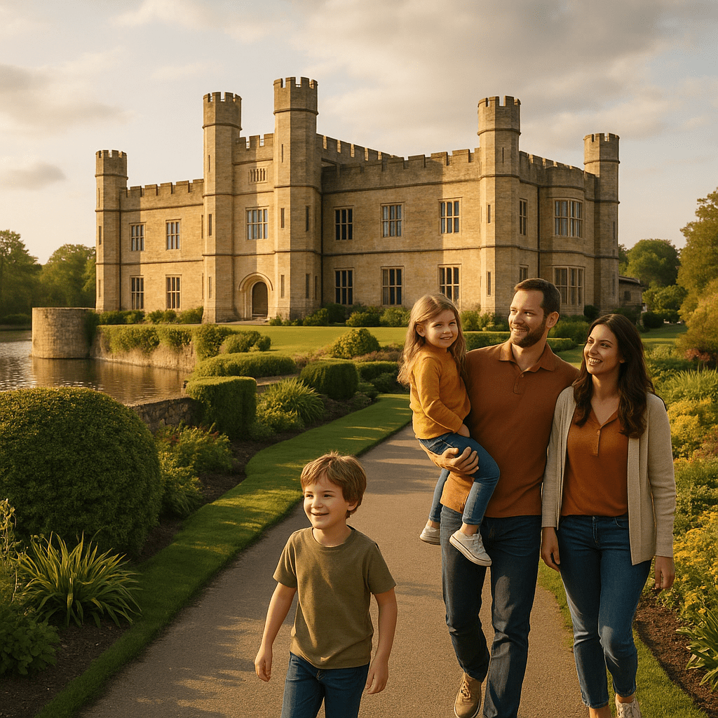 Familie erkundet bei Nachmittagssonne den Garten von Leeds Castle in England