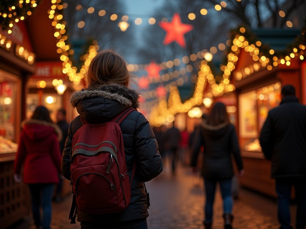Familie besucht abends Weihnachtsmarkt in Großbritannien mit festlicher Beleuchtung