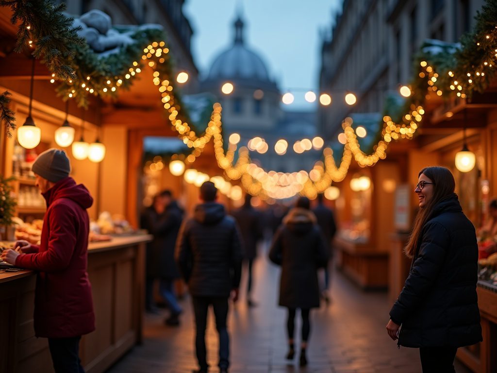 Familie genießt festlich beleuchteten Weihnachtsmarkt in Edinburgh mit Glühwein und Weihnachtsdeko