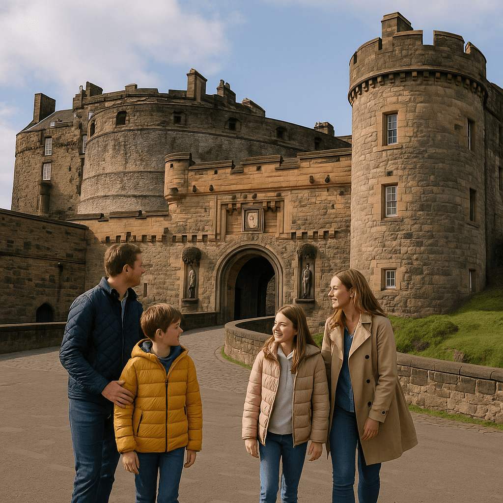 Familie erkundet die historische Edinburgh Castle bei Tageslicht