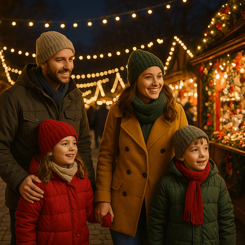 Familie genießt britischen Weihnachtsmarkt am Abend mit festlicher Beleuchtung