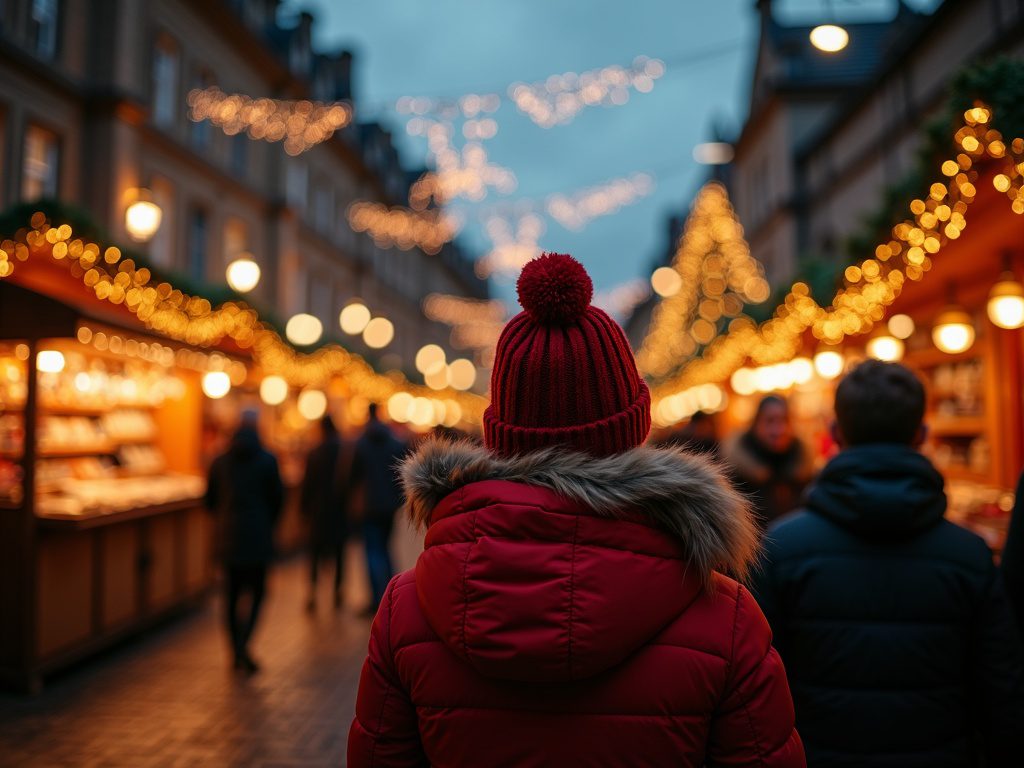 Familie besucht abends den festlich beleuchteten Weihnachtsmarkt in Edinburgh