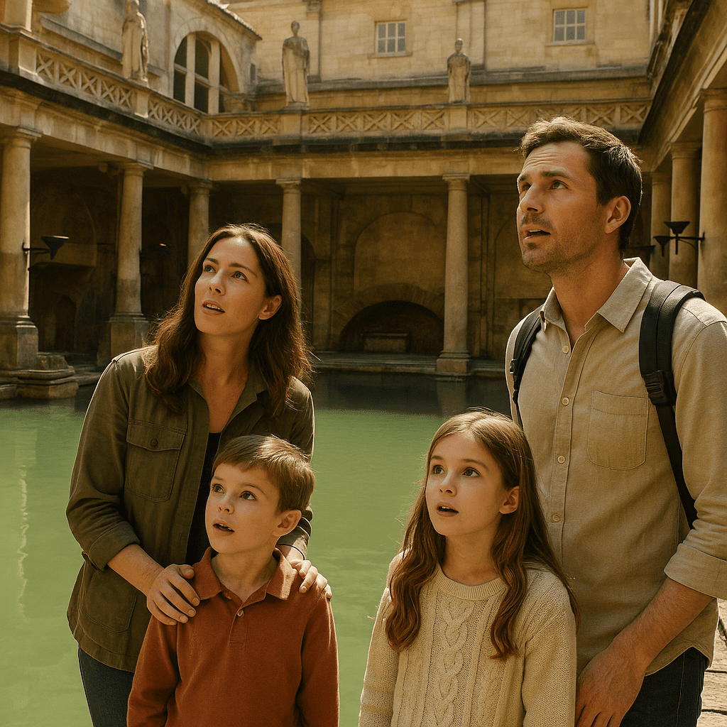 Familie bestaunt die Römischen Bäder in Bath bei Tageslicht und antiker Kulisse