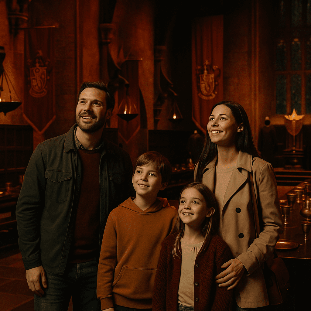 Familie erkundet die Harry Potter Studio Tour in London mit Filmsets in dunklem Ambiente