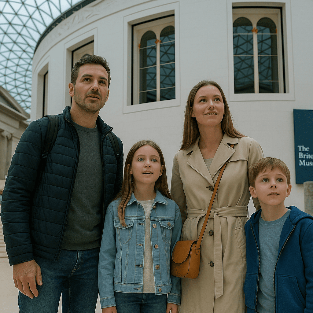 Familie erkundet das British Museum in London, Innenansicht mit Skulpturen