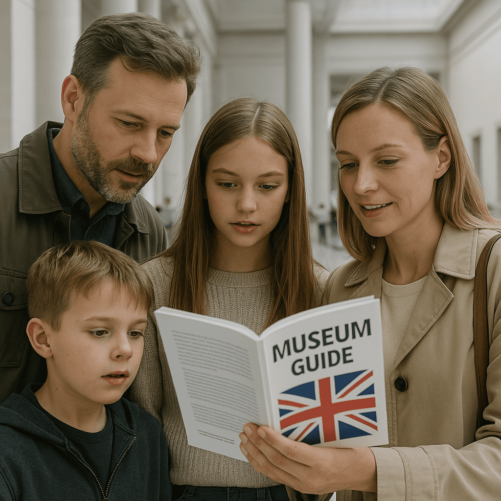 Deutsche Familie betrachtet Museumsführer in britischem Museum