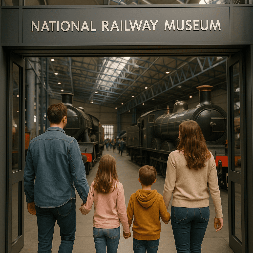Familie betritt das National Railway Museum mit Stahl-Interieur