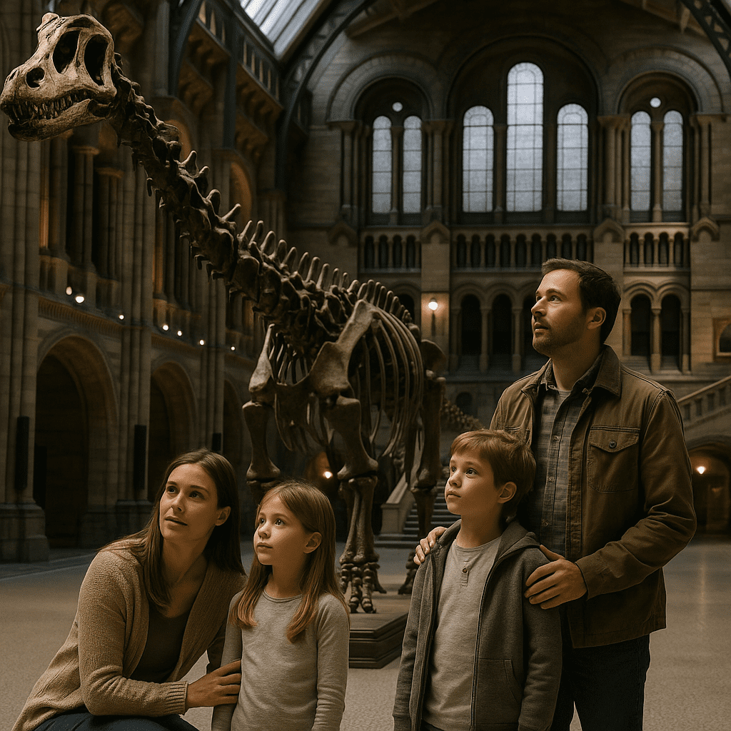Familie erkundet das Natural History Museum London mit Spotbeleuchtung