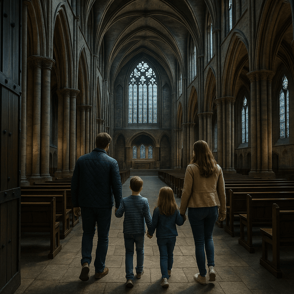 Familie betritt eine historische Kathedrale in London mit natürlichem Licht durch Buntglasfenster