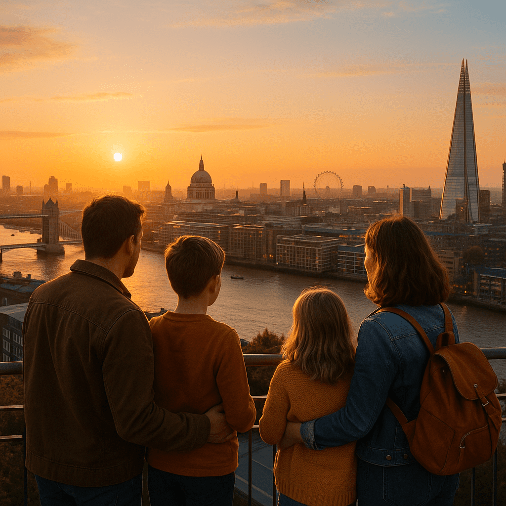 Familie mit Kindern bewundert Londons Skyline bei Sonnenuntergang