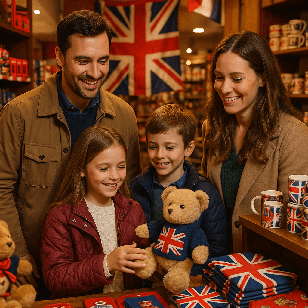 Familie kauft britische Geschenke in warmem Souvenirladen nahe der Themse