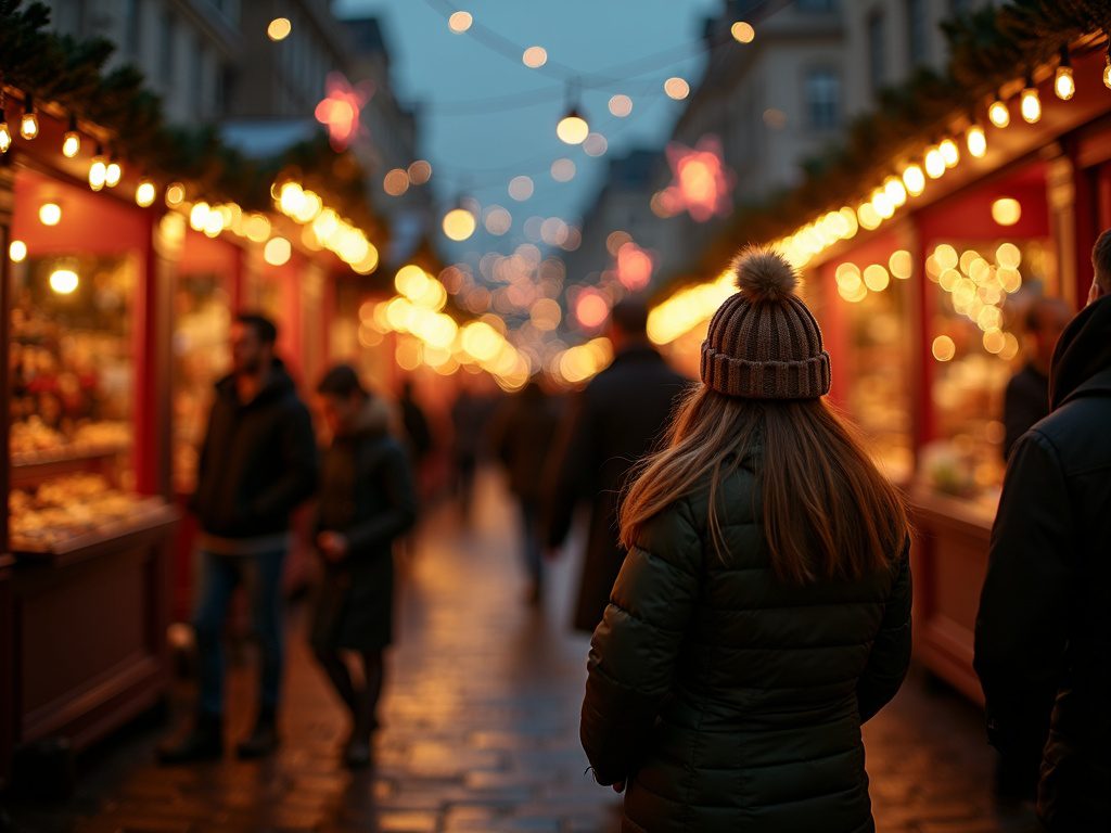 Familie erkundet abends britischen Weihnachtsmarkt mit Lichtern