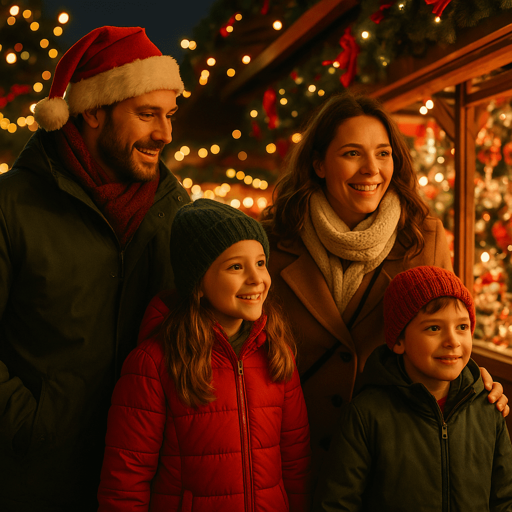 Familie genießt festlichen UK-Weihnachtsmarkt mit Lichtern und Ständen im Freien