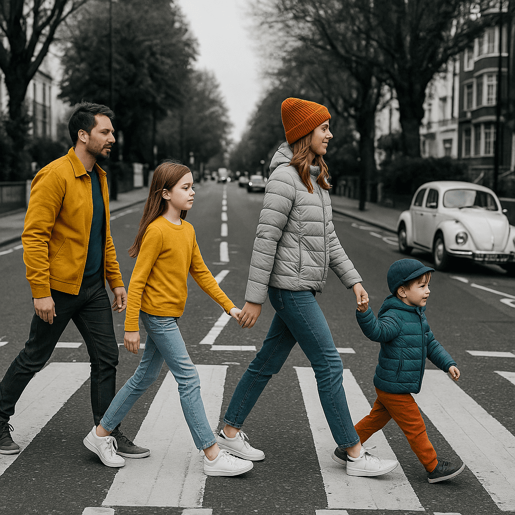 Familie auf dem Abbey Road Zebrastreifen, inspiriert von den Beatles