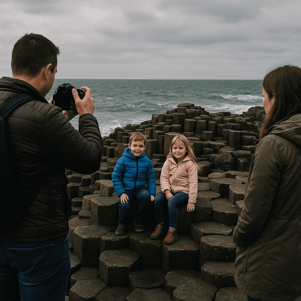 Eltern fotografieren Kinder am Giant’s Causeway vor dunklen Basaltfelsen und dem türkisfarbenen Meer