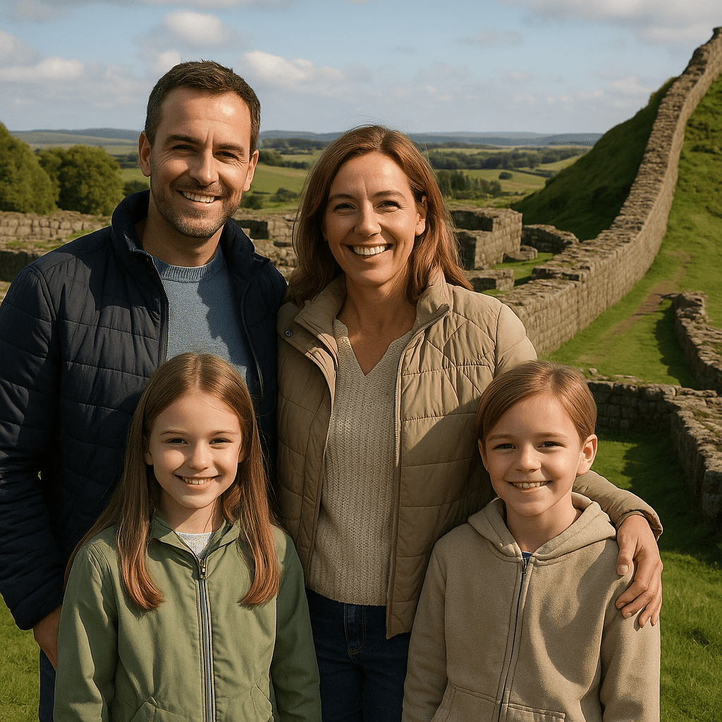 Familie posiert nachmittags am Hadrianswall vor historischen Ruinen