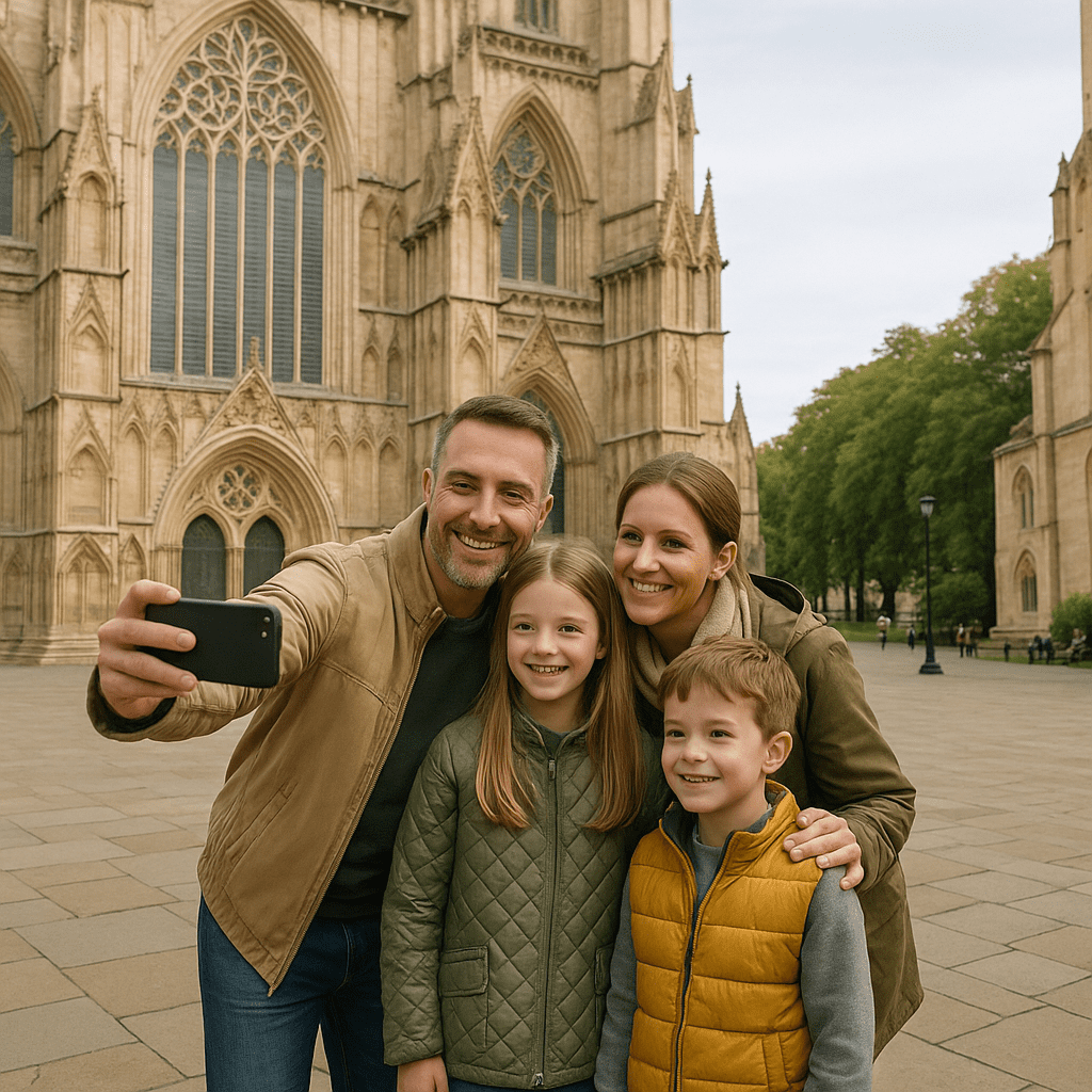 Familie macht ein Foto vor dem York Minster bei weichem Tageslicht