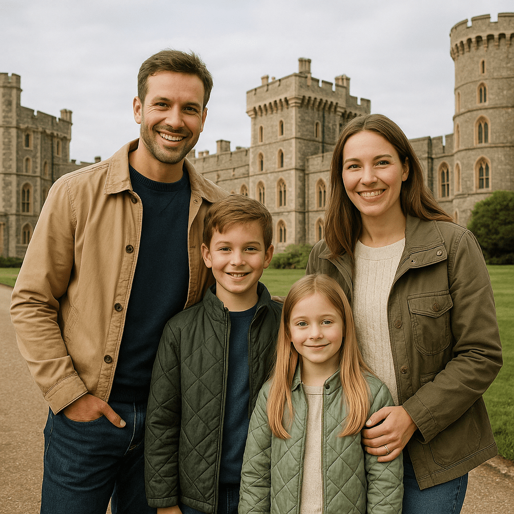 Familie mit Kindern vor dem historischen Windsor Castle bei weichem, bewölktem Licht