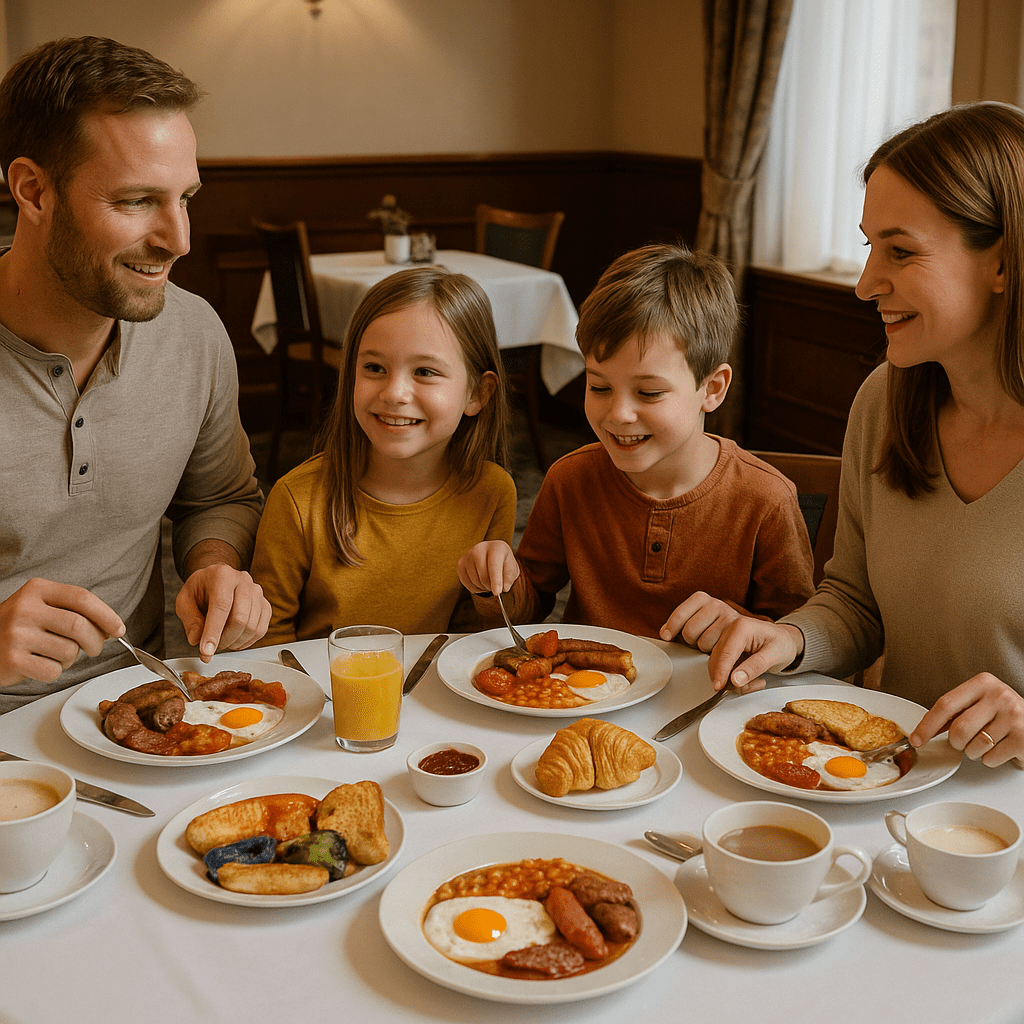 Familie beim Frühstück im Hotel mit britischem Essen und weiß gedecktem Tisch
