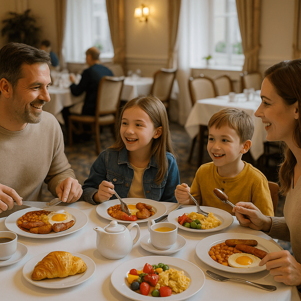Familie genießt britisches Frühstück im Hotel mit buntem Essen