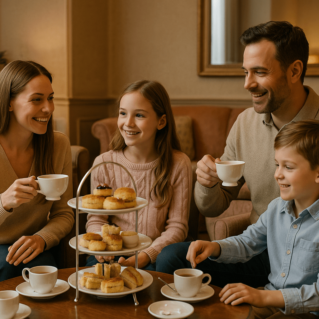 Familie genießt Afternoon Tea in elegantem Hotel in London