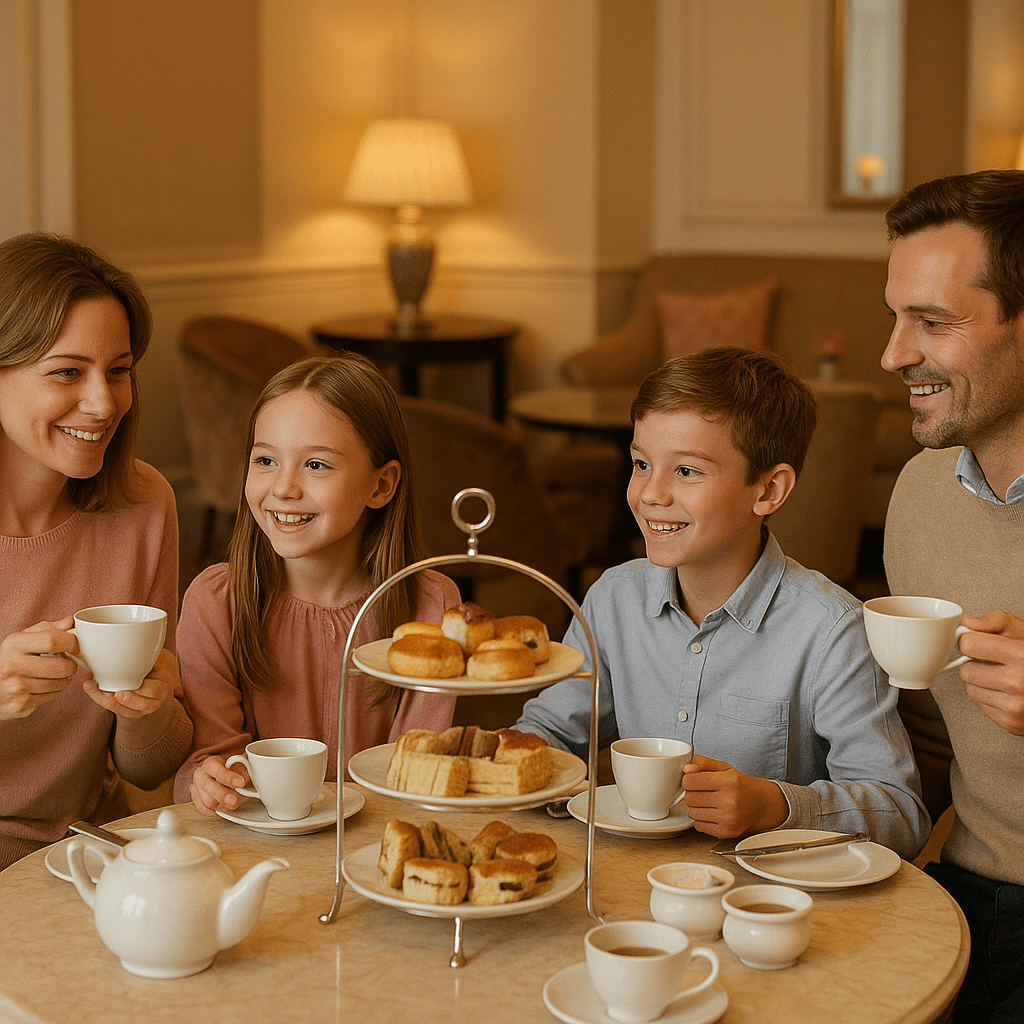 Familie genießt traditionellen Afternoon Tea in edlem Londoner Teesalon