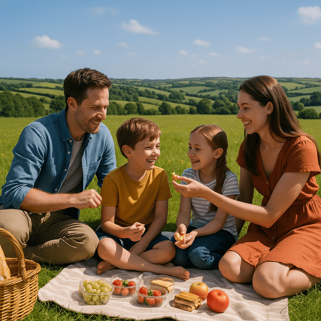 Familie beim Picknick auf einer grünen Wiese in Cornwall bei Sonnenschein